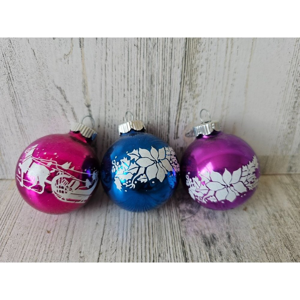 Shiny Brite radko poinsettia sleigh ball ornament vintage blue green purple orna